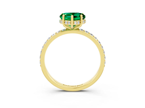 Yellow gold Heart Cut Emerald Solitaire Ring with Pavé Band and Hidden Halo