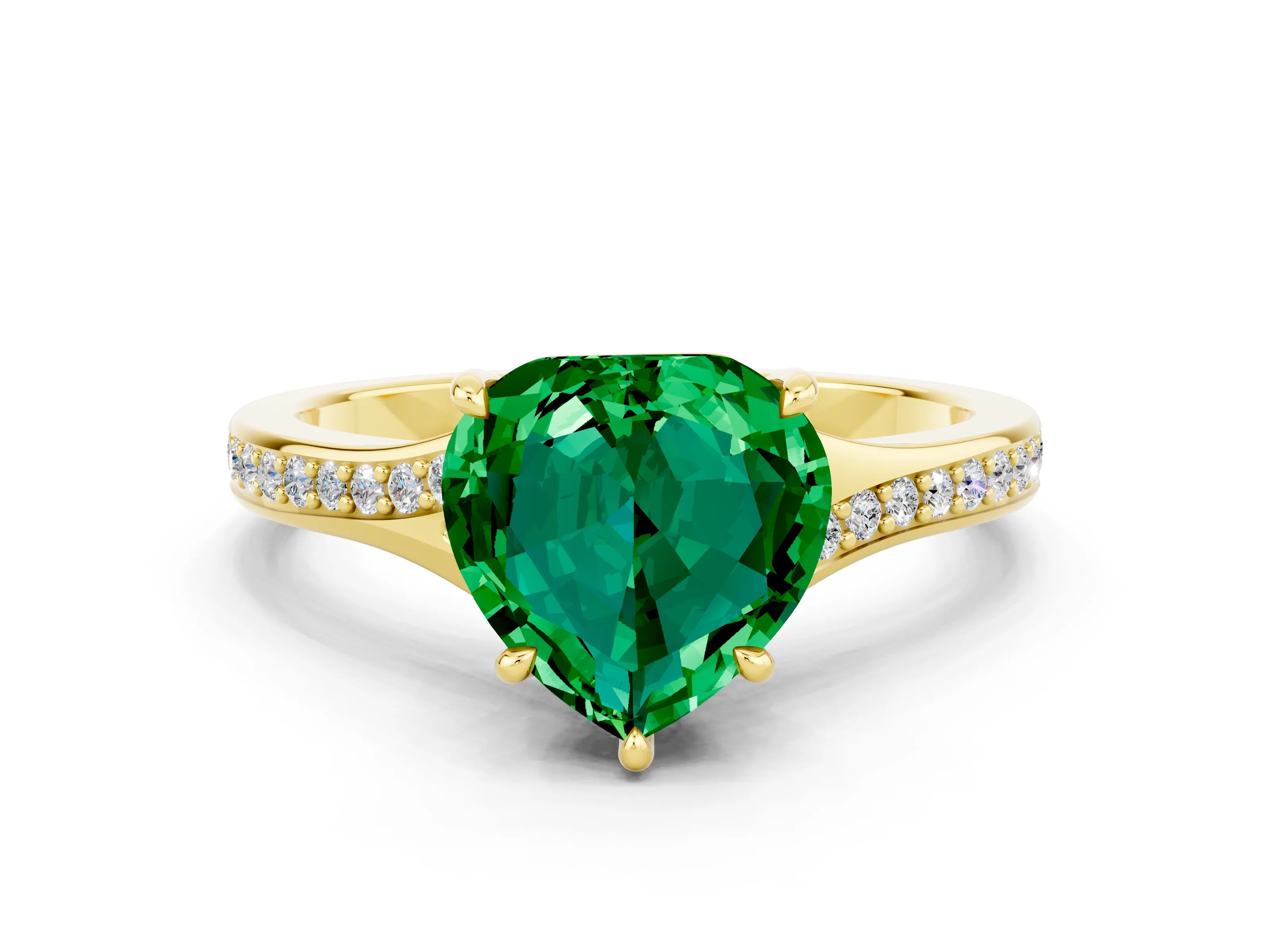 Yellow gold Heart Cut Emerald Solitaire Ring with Pavé Band and Prong Setting