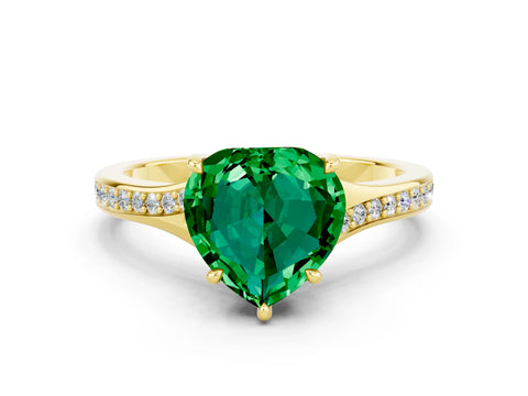 Yellow gold Heart Cut Emerald Solitaire Ring with Pavé Band and Prong Setting_12