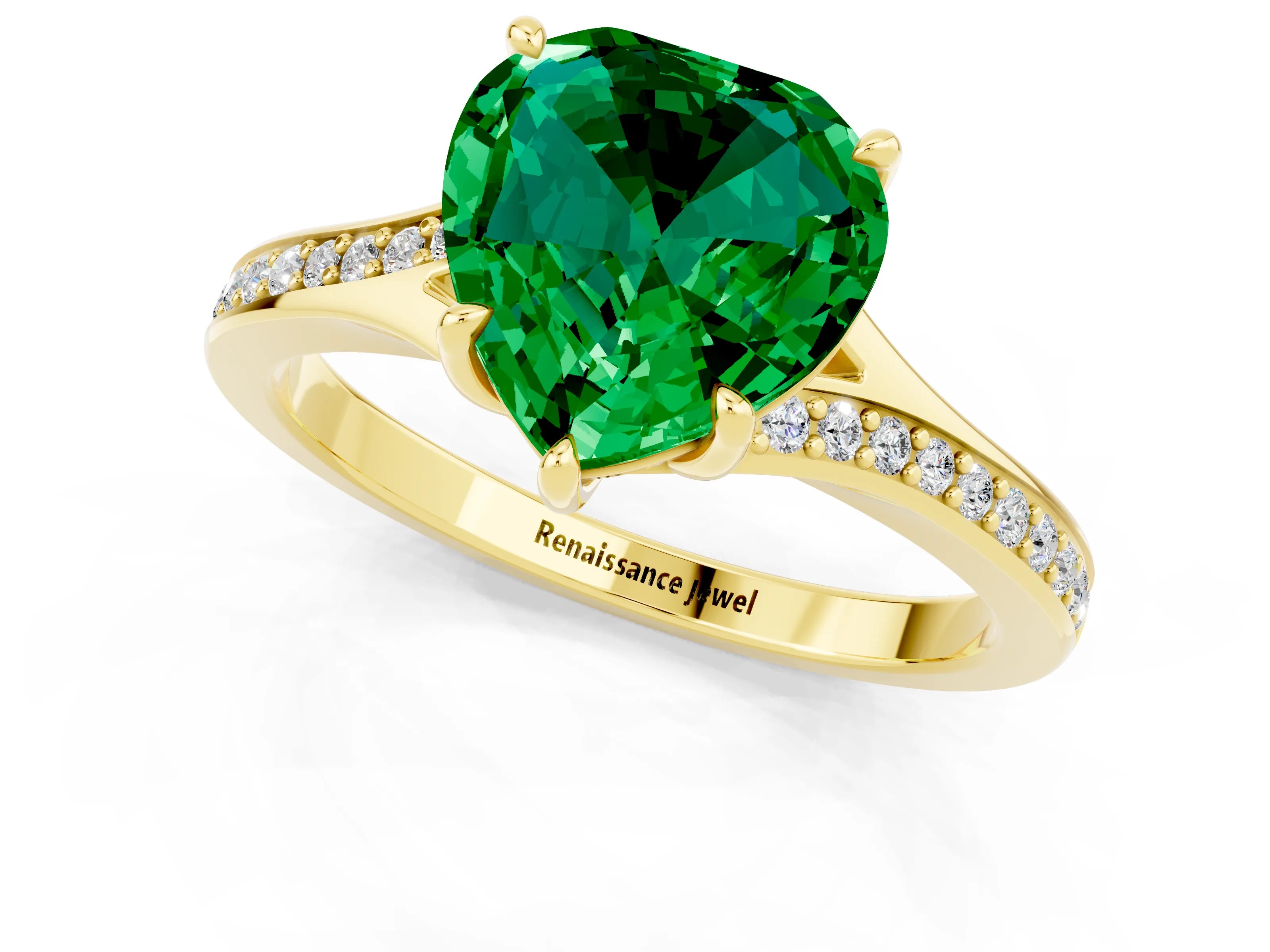Yellow gold Heart Cut Emerald Solitaire Ring with Pavé Band and Prong Setting_13