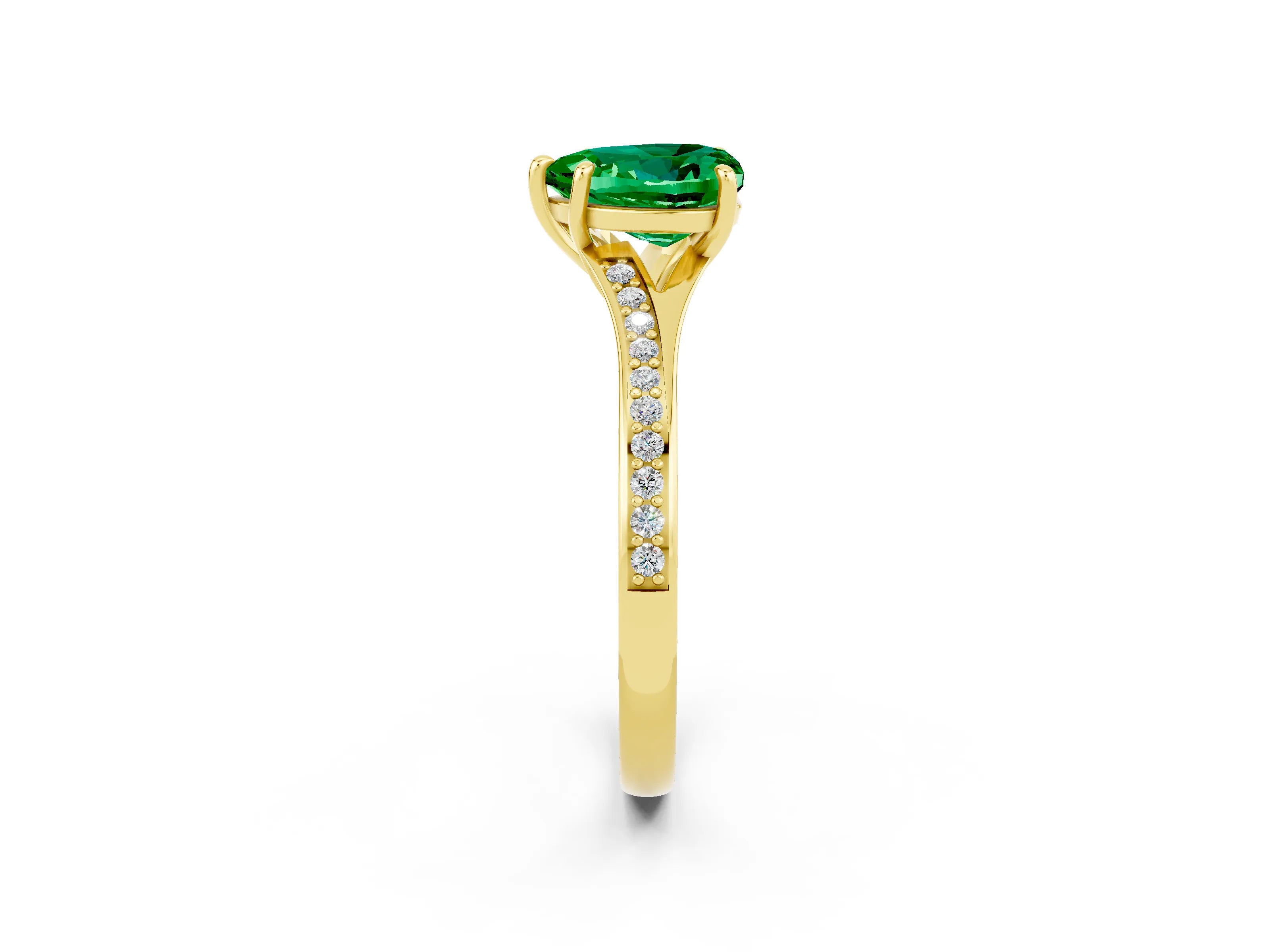 Yellow gold Heart Cut Emerald Solitaire Ring with Pavé Band and Prong Setting_14