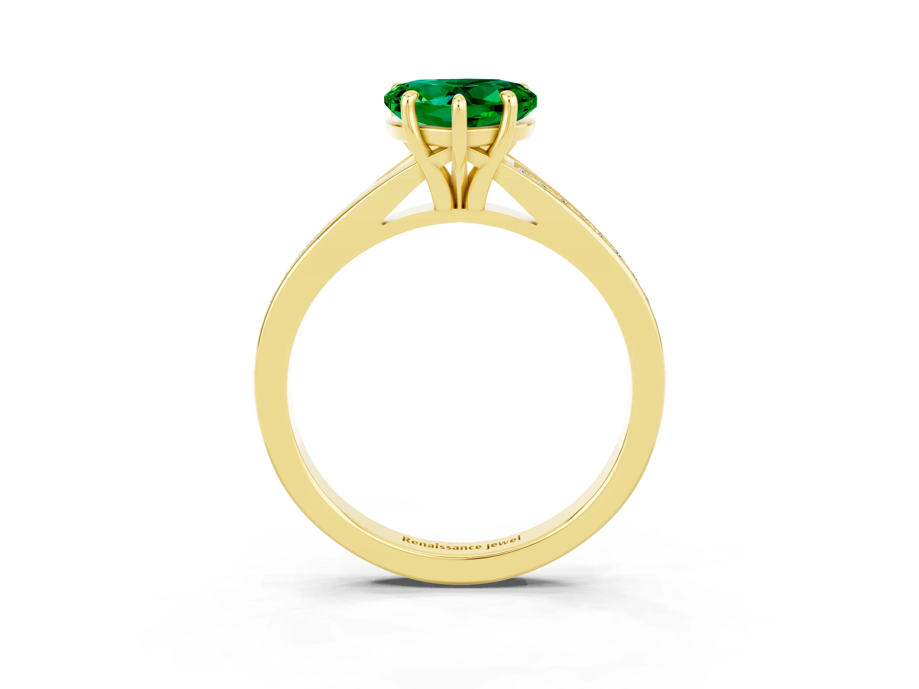 Yellow gold Heart Cut Emerald Solitaire Ring with Pavé Band and Prong Setting_15