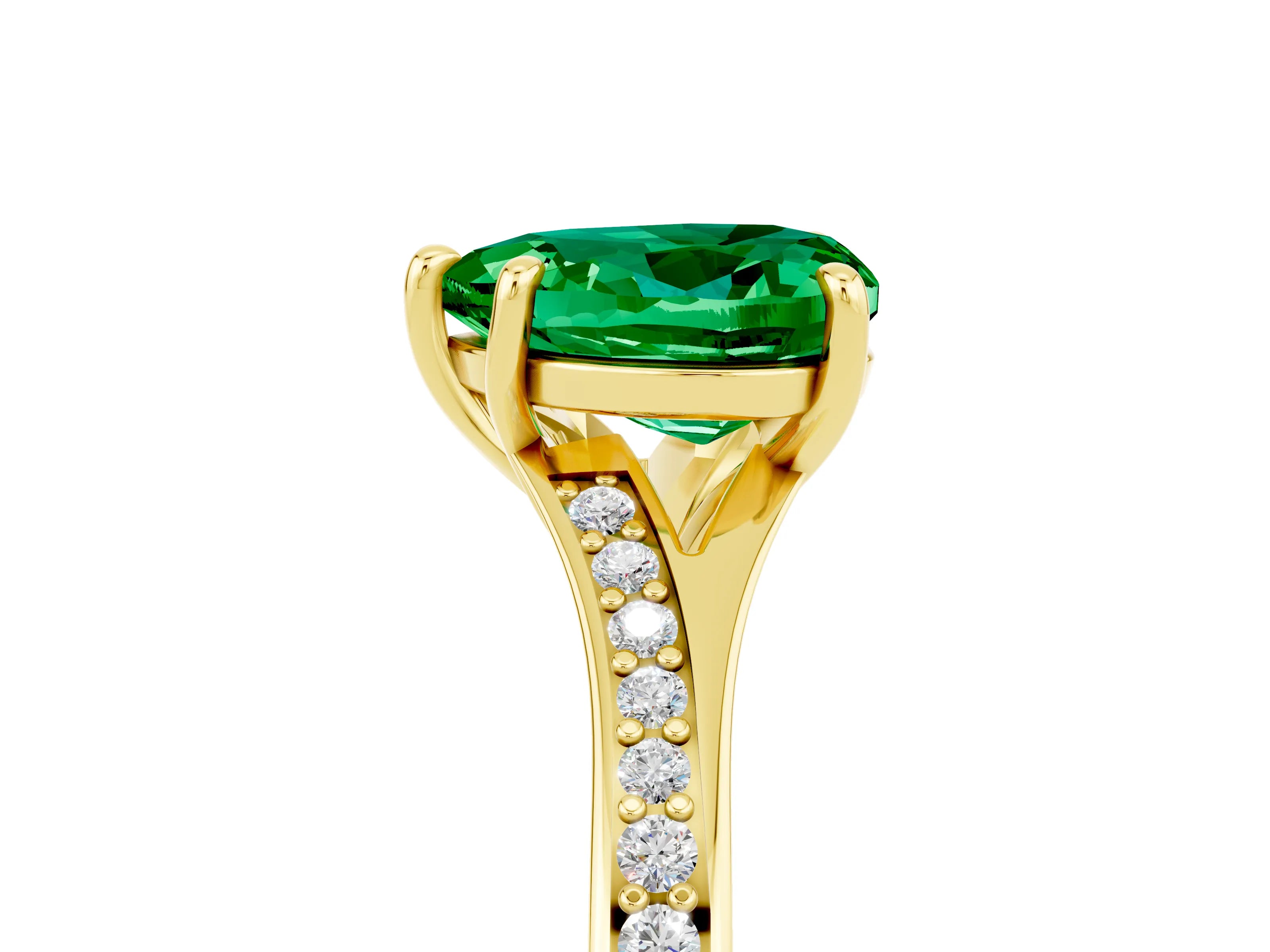 Yellow gold Heart Cut Emerald Solitaire Ring with Pavé Band and Prong Setting_17