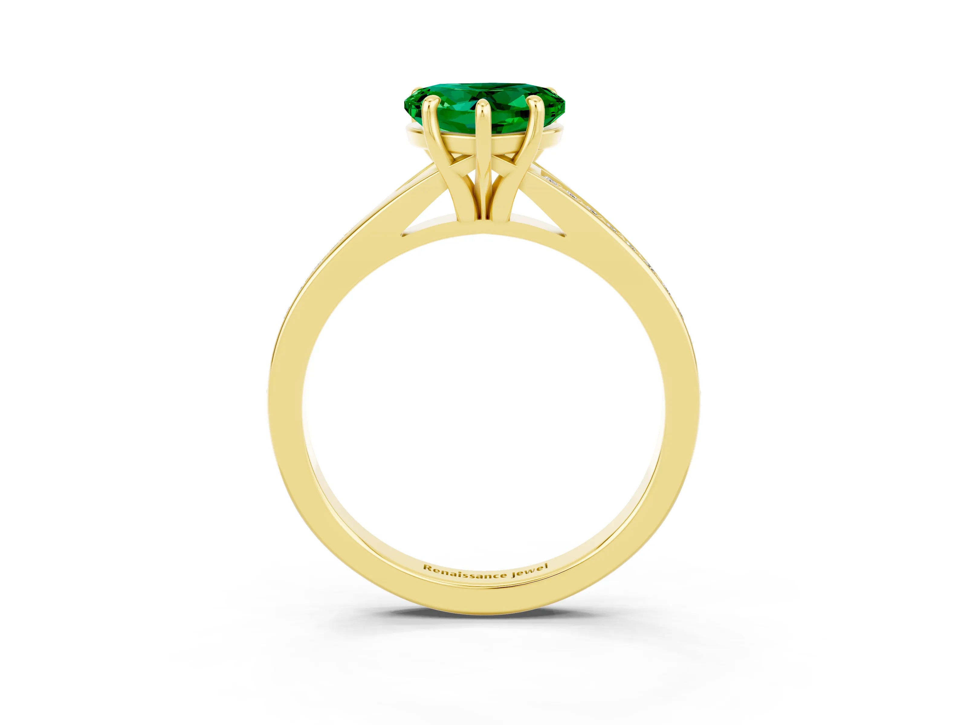 Yellow gold Heart Cut Emerald Solitaire Ring with Pavé Band and Prong Setting_3