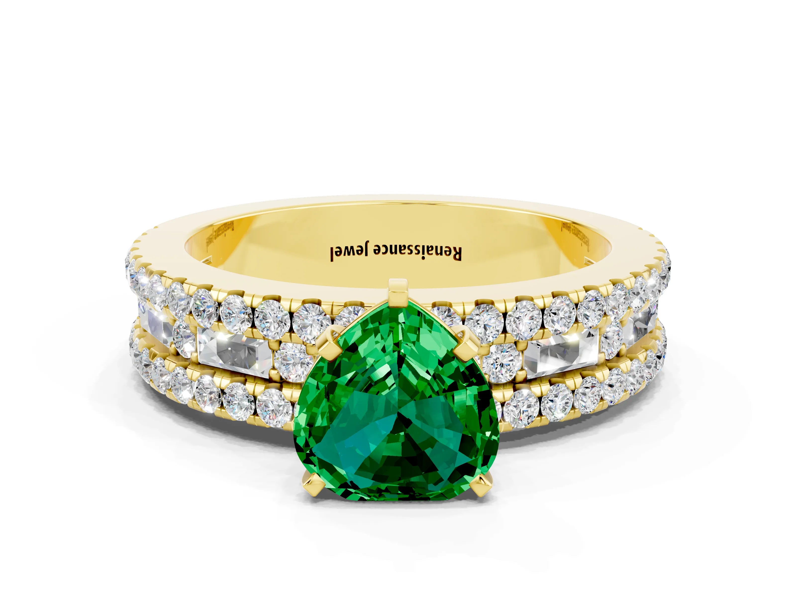 Yellow gold Heart Cut Emerald Solitaire Ring with Pavé and Channel Set Band