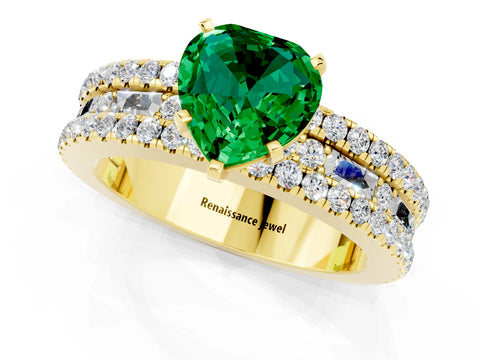 Yellow gold Heart Cut Emerald Solitaire Ring with Pavé and Channel Set Band_1