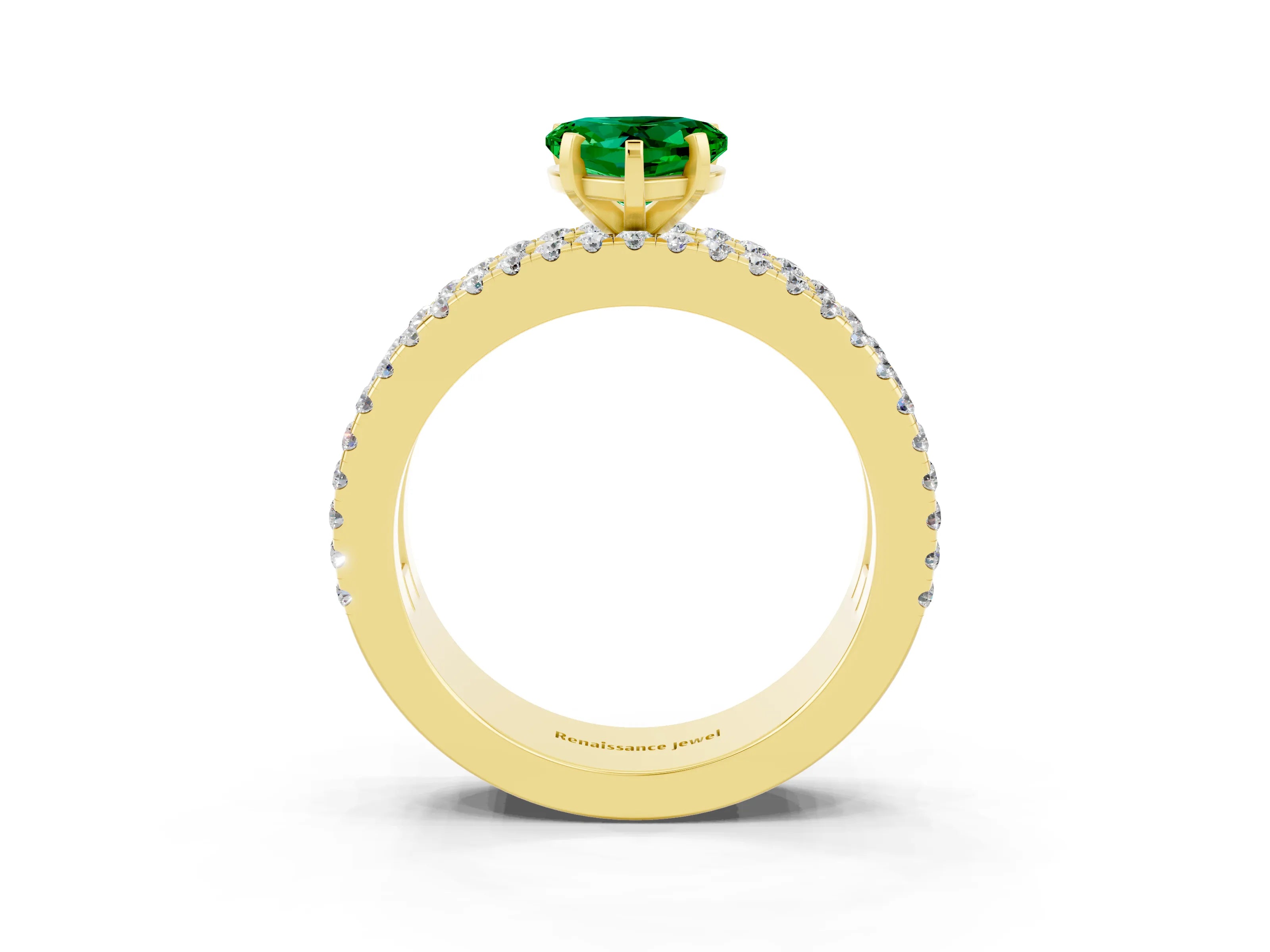 Yellow gold Heart Cut Emerald Solitaire Ring with Pavé and Channel Set Band_3