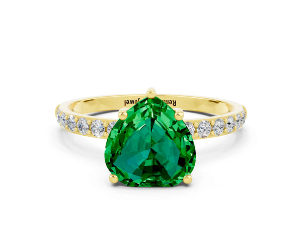 Yellow gold Heart Cut Emerald Solitaire Ring with Round  Pavé Band and Prong Setting