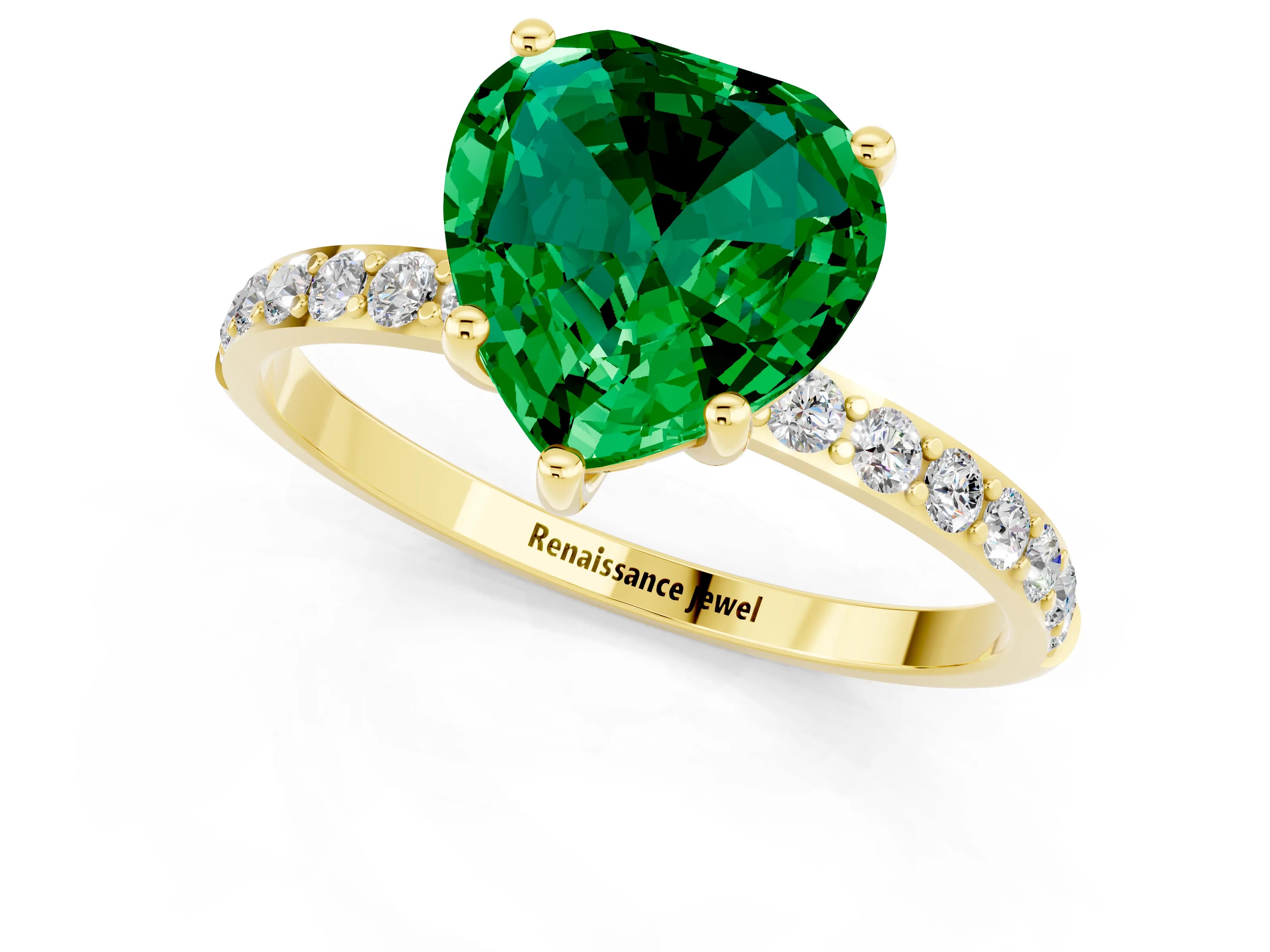Yellow gold Heart Cut Emerald Solitaire Ring with Pave Band and Four Prong Setting_25