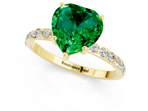 Yellow gold Heart Cut Emerald Solitaire Ring with Pave Band and Four Prong Setting_25