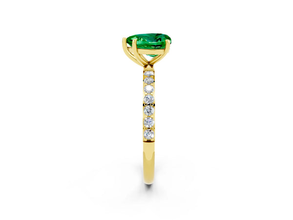 Yellow gold Heart Cut Emerald Solitaire Ring with Round  Pavé Band and Prong Setting
