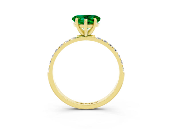 Yellow gold Heart Cut Emerald Solitaire Ring with Round  Pavé Band and Prong Setting