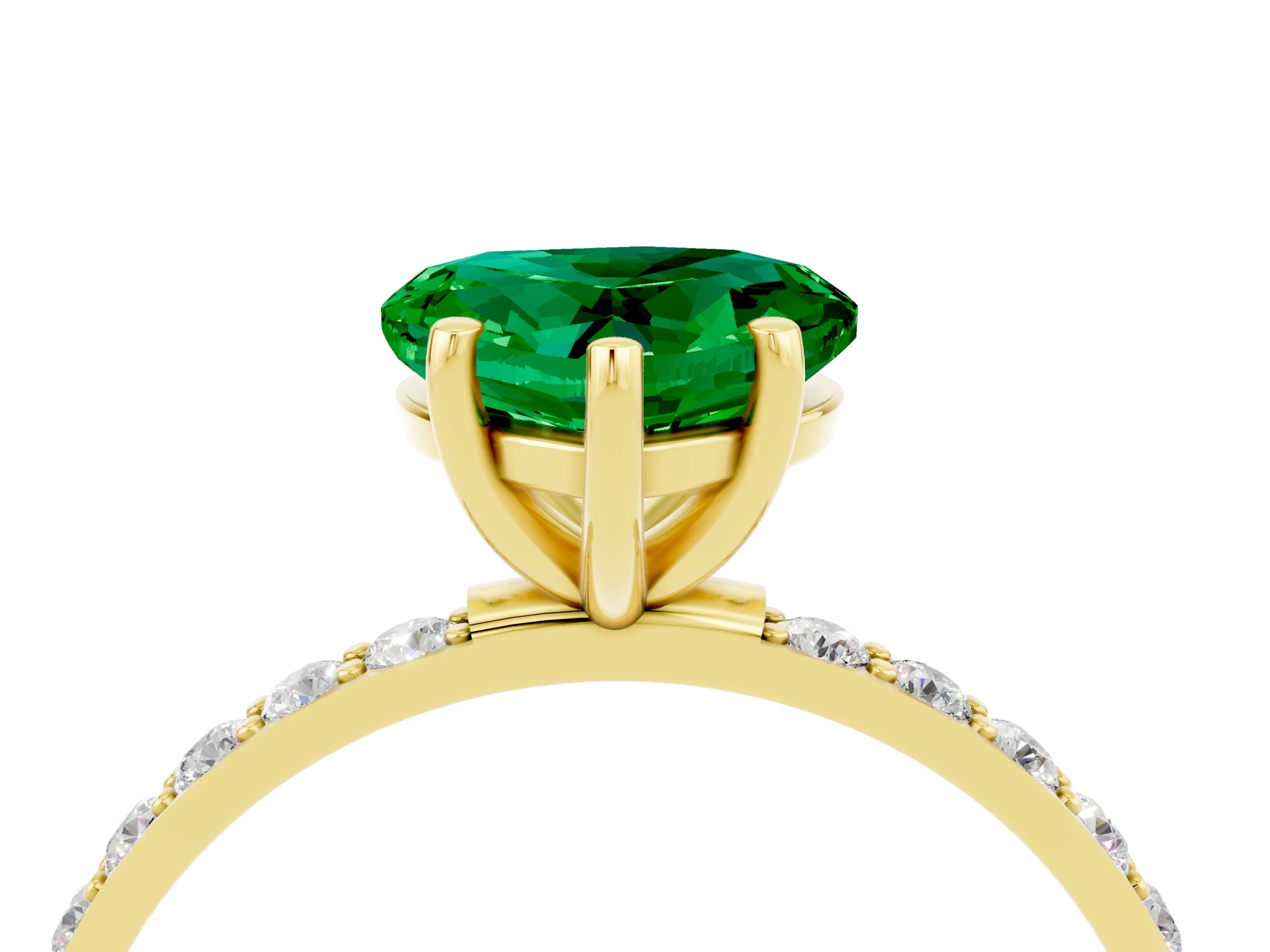 Yellow gold Heart Cut Emerald Solitaire Ring with Pave Band and Four Prong Setting_28