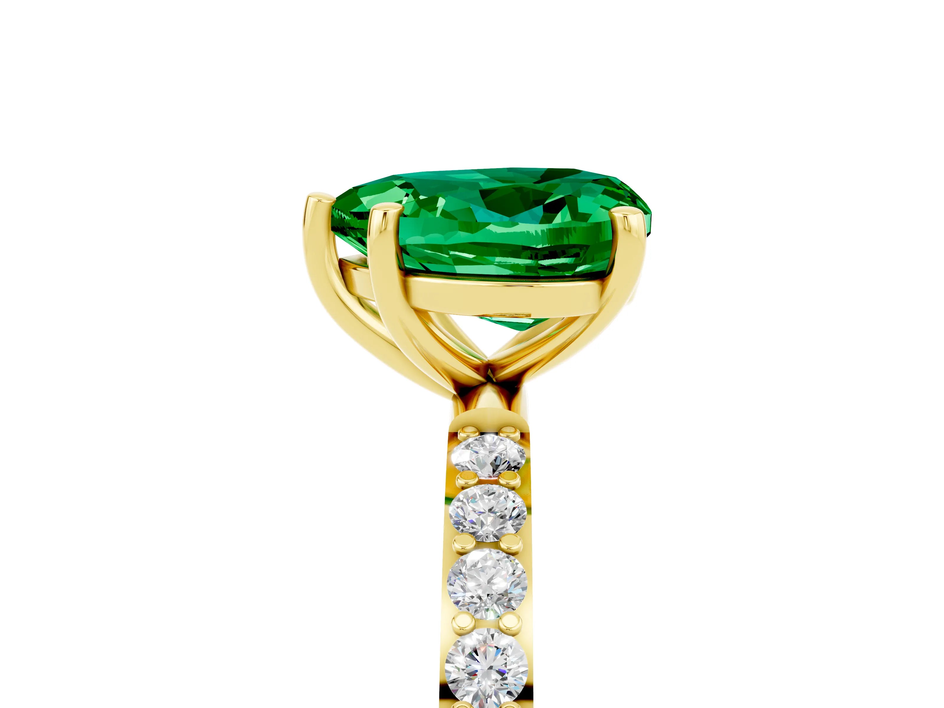 Yellow gold Heart Cut Emerald Solitaire Ring with Pave Band and Four Prong Setting_29