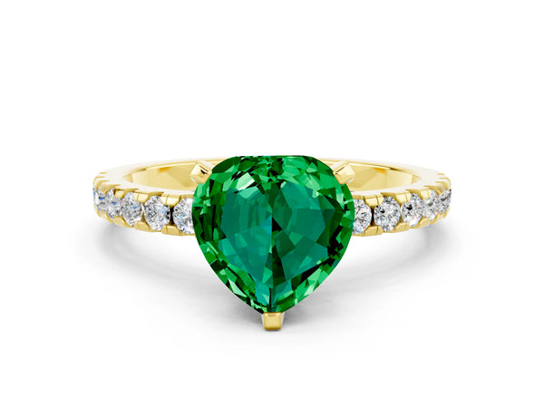 Yellow gold Heart Cut Emerald Solitaire Ring with Round  Pavé Band and Four-Prong Setting