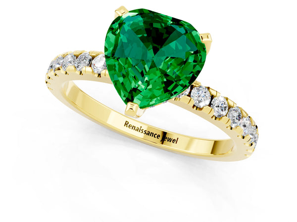 Yellow gold Heart Cut Emerald Solitaire Ring with Round  Pavé Band and Four-Prong Setting