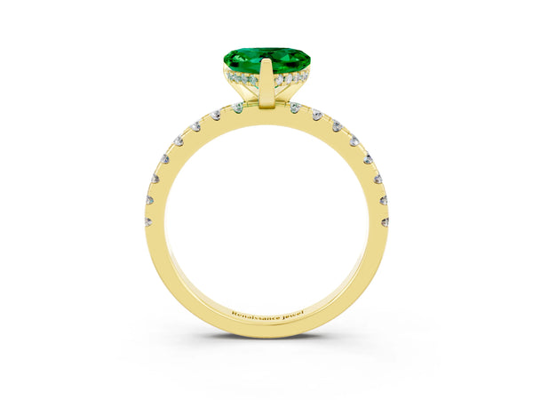 Yellow gold Heart Cut Emerald Solitaire Ring with Round  Pavé Band and Four-Prong Setting
