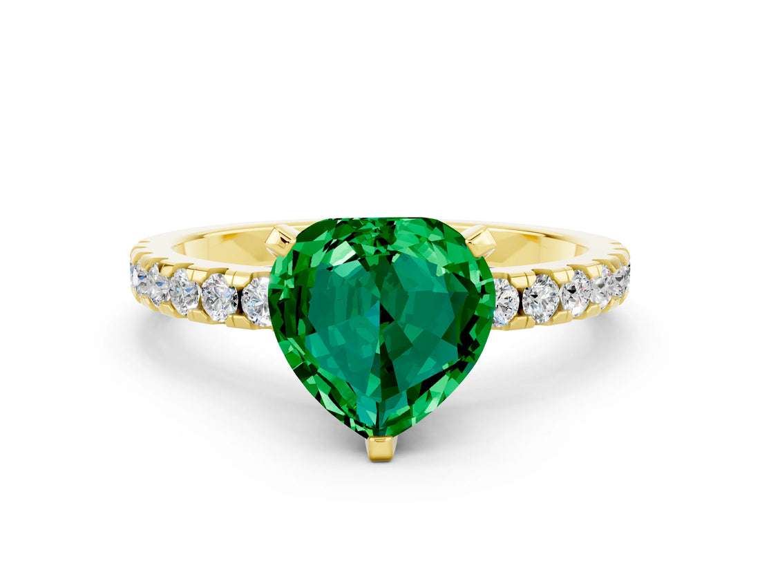 Yellow gold Heart Cut Emerald Solitaire Ring with Round  Pavé Band and Four-Prong Setting_36