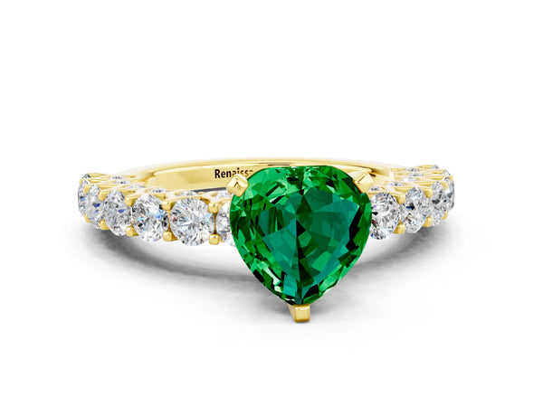 Yellow gold Heart Cut Emerald Solitaire Ring with Shared Prong Pavé Band and Four-Prong Setting