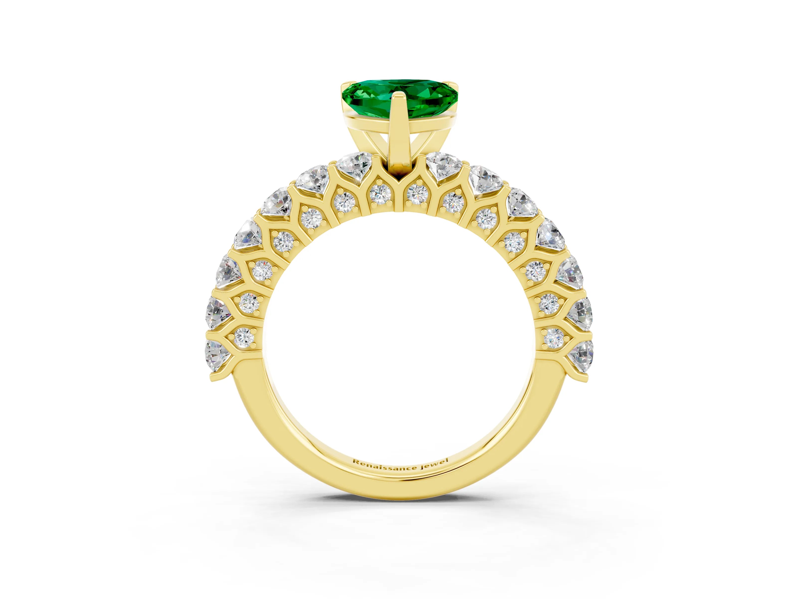 Yellow gold Heart Cut Emerald Solitaire Ring with Shared Prong Pavé Band and Four-Prong Setting_15