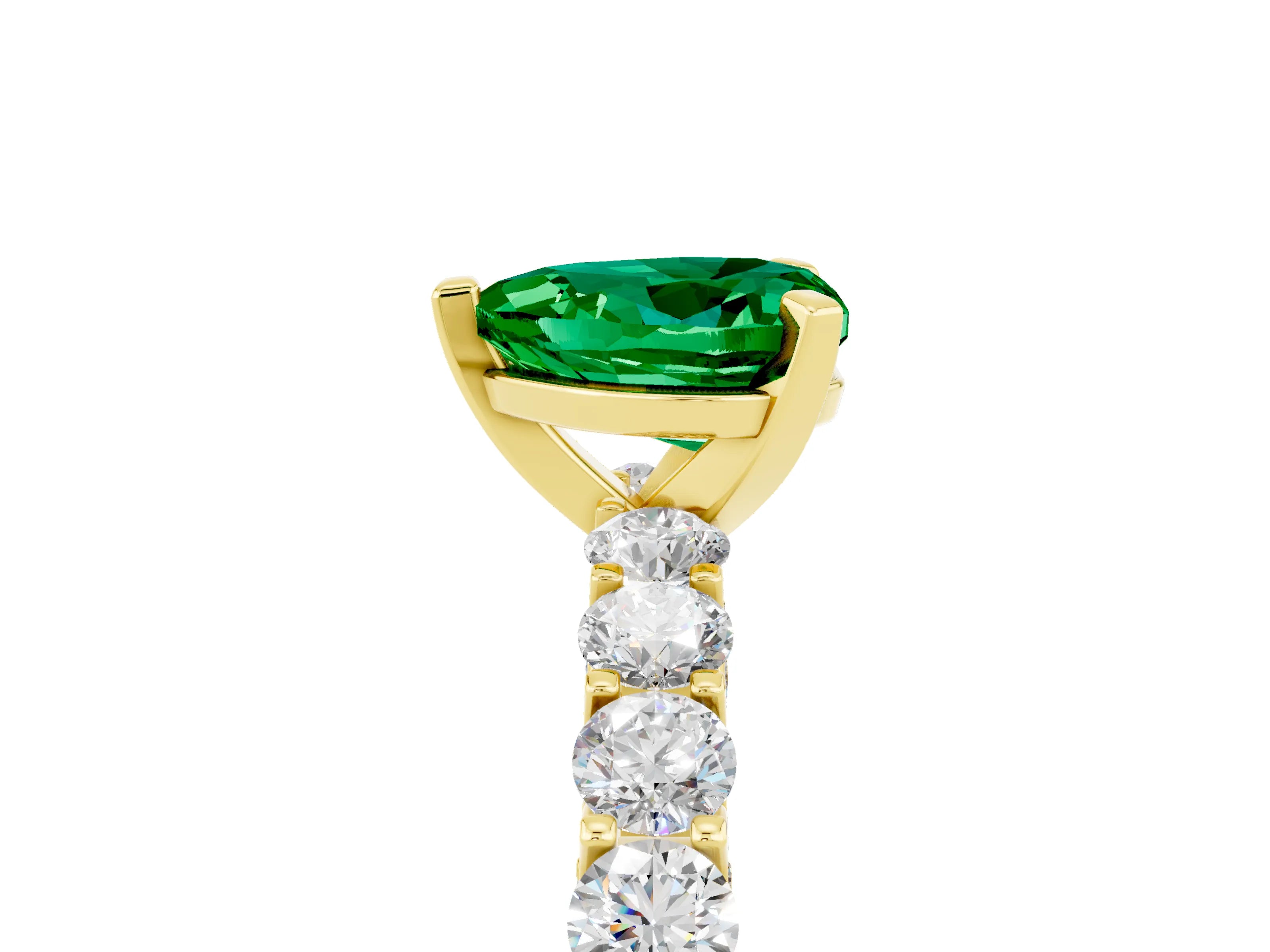Yellow gold Heart Cut Emerald Solitaire Ring with Shared Prong Pavé Band and Four-Prong Setting_17