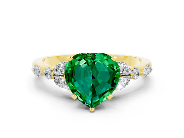 Yellow gold Heart Cut Emerald Solitaire Ring with Side Stones and Four-Prong Setting