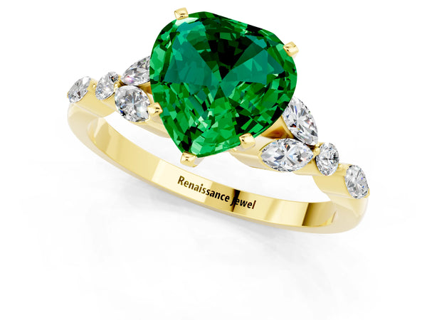 Yellow gold Heart Cut Emerald Solitaire Ring with Side Stones and Four-Prong Setting