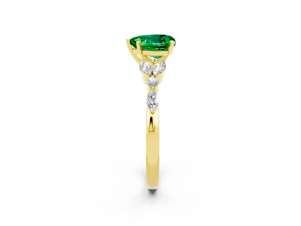 Yellow gold Heart Cut Emerald Solitaire Ring with Side Stones and Four-Prong Setting