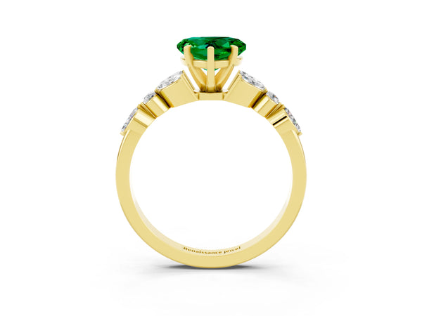 Yellow gold Heart Cut Emerald Solitaire Ring with Side Stones and Four-Prong Setting