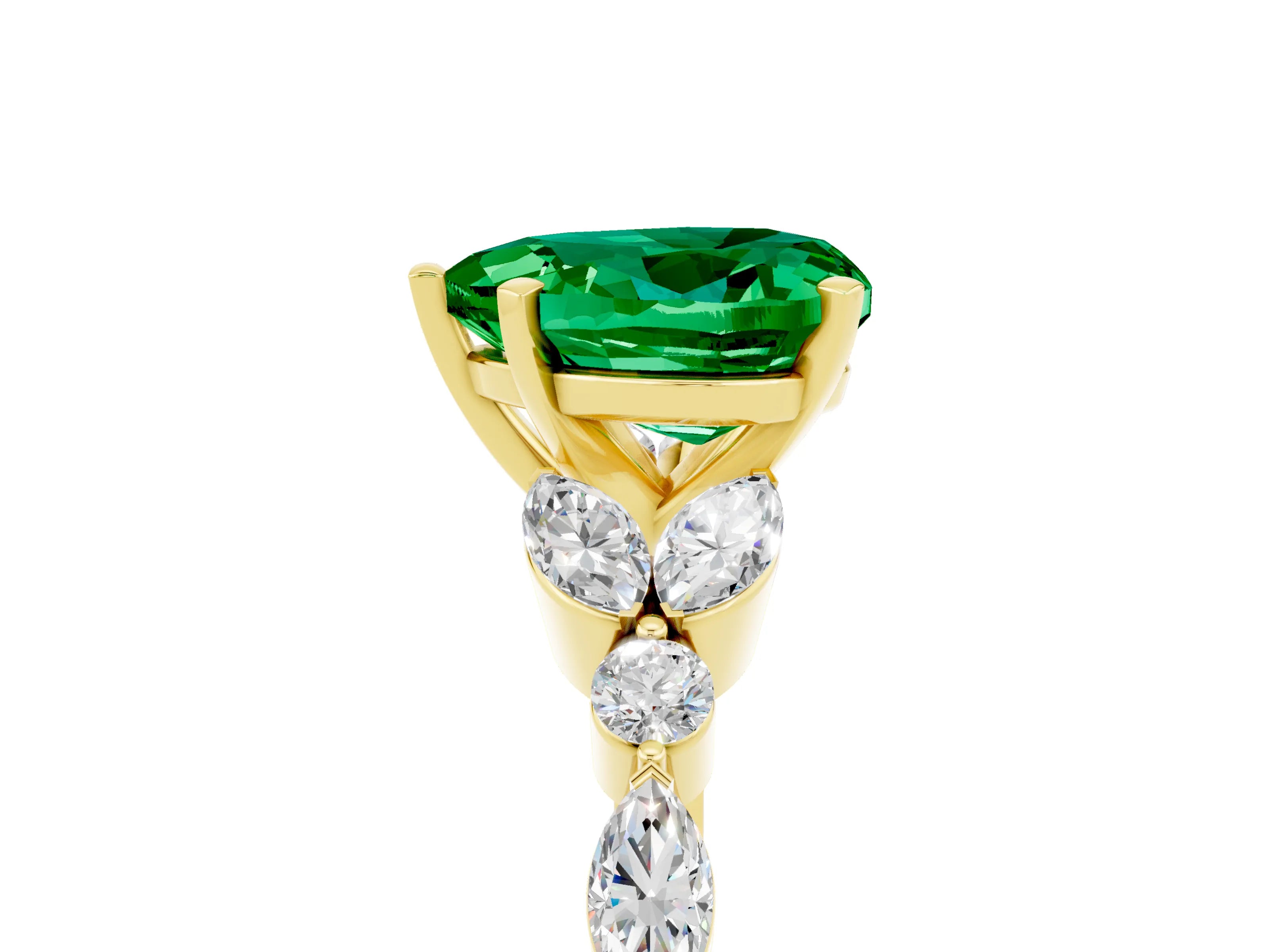 Yellow gold Heart Cut Emerald Solitaire Ring with Side Stones and Four-Prong Setting_17