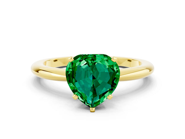Yellow gold Heart Cut Emerald Solitaire Ring with Six-Prong Setting and Classic Band