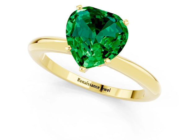 Yellow gold Heart Cut Emerald Solitaire Ring with Six-Prong Setting and Classic Band