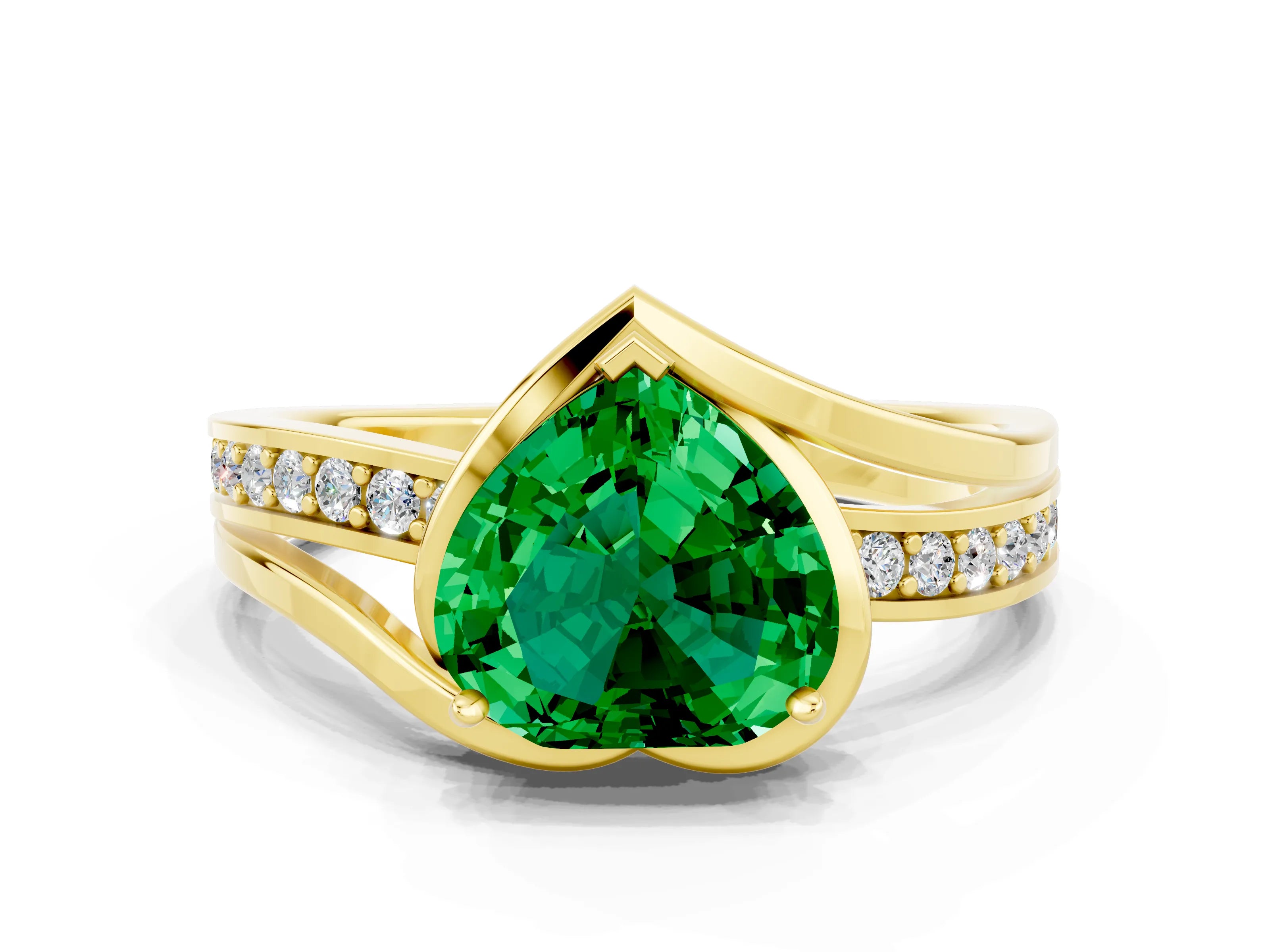 Yellow gold Heart Cut Emerald Solitaire Ring with Split Shank and Prong Setting