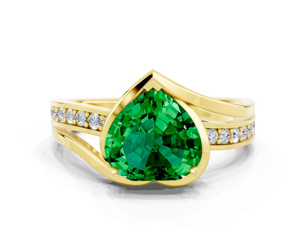 Yellow gold Heart Cut Emerald Solitaire Ring with Split Shank and Prong Setting