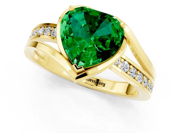 Yellow gold Heart Cut Emerald Solitaire Ring with Split Shank and Prong Setting