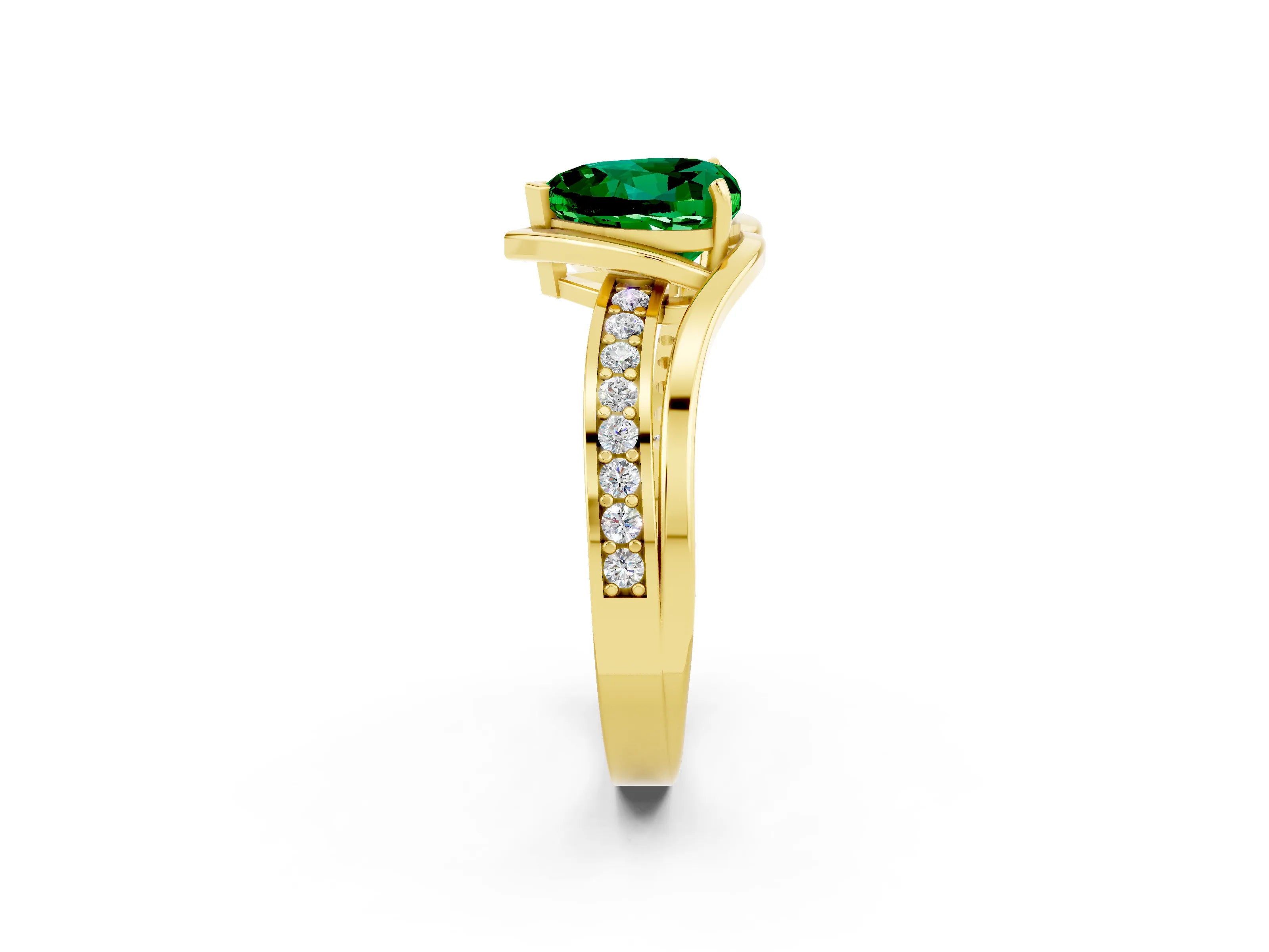 Yellow gold Heart Cut Emerald Solitaire Ring with Split Shank and Prong Setting_2