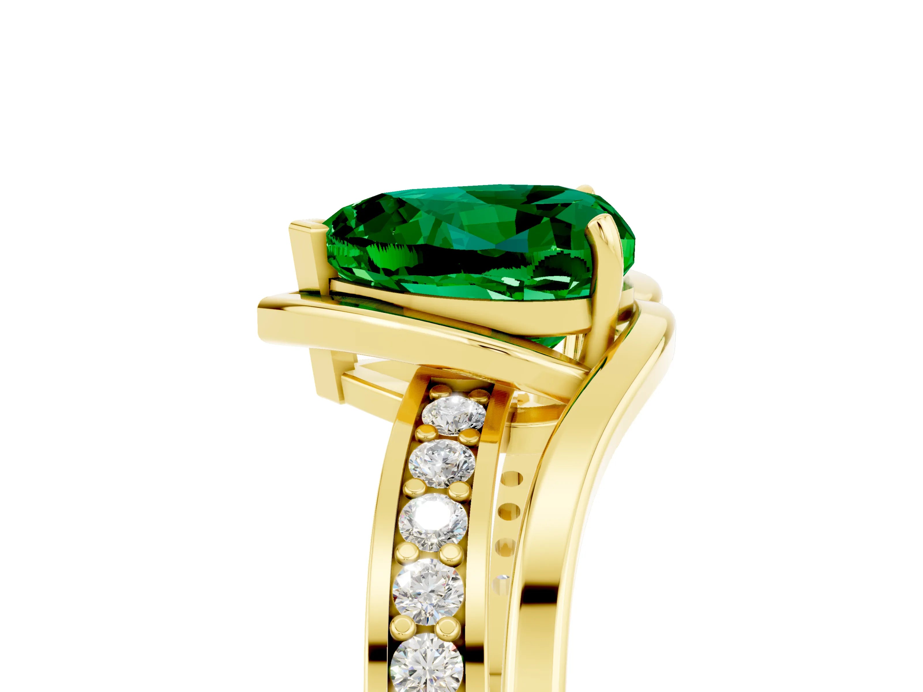 Yellow gold Heart Cut Emerald Solitaire Ring with Split Shank and Prong Setting_5