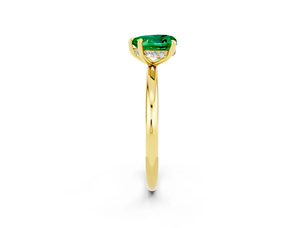 Yellow gold Heart Cut Emerald Solitaire Ring with Thin Band and Four-Prong Setting