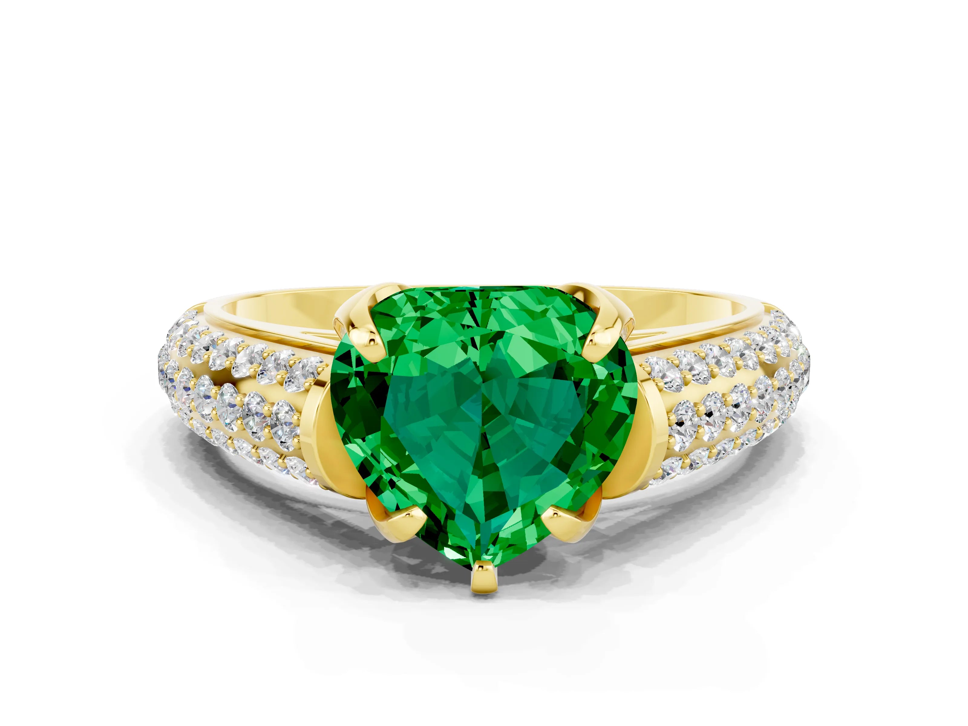Yellow gold Heart Cut Emerald Solitaire Ring with Three-Row Pavé Band and Four-Prong Setting_12
