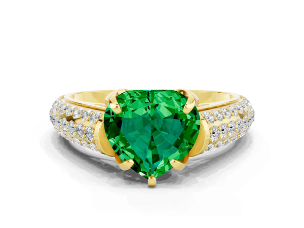 Yellow gold Heart Cut Emerald Solitaire Ring with Three-Row Pavé Band and Four-Prong Setting