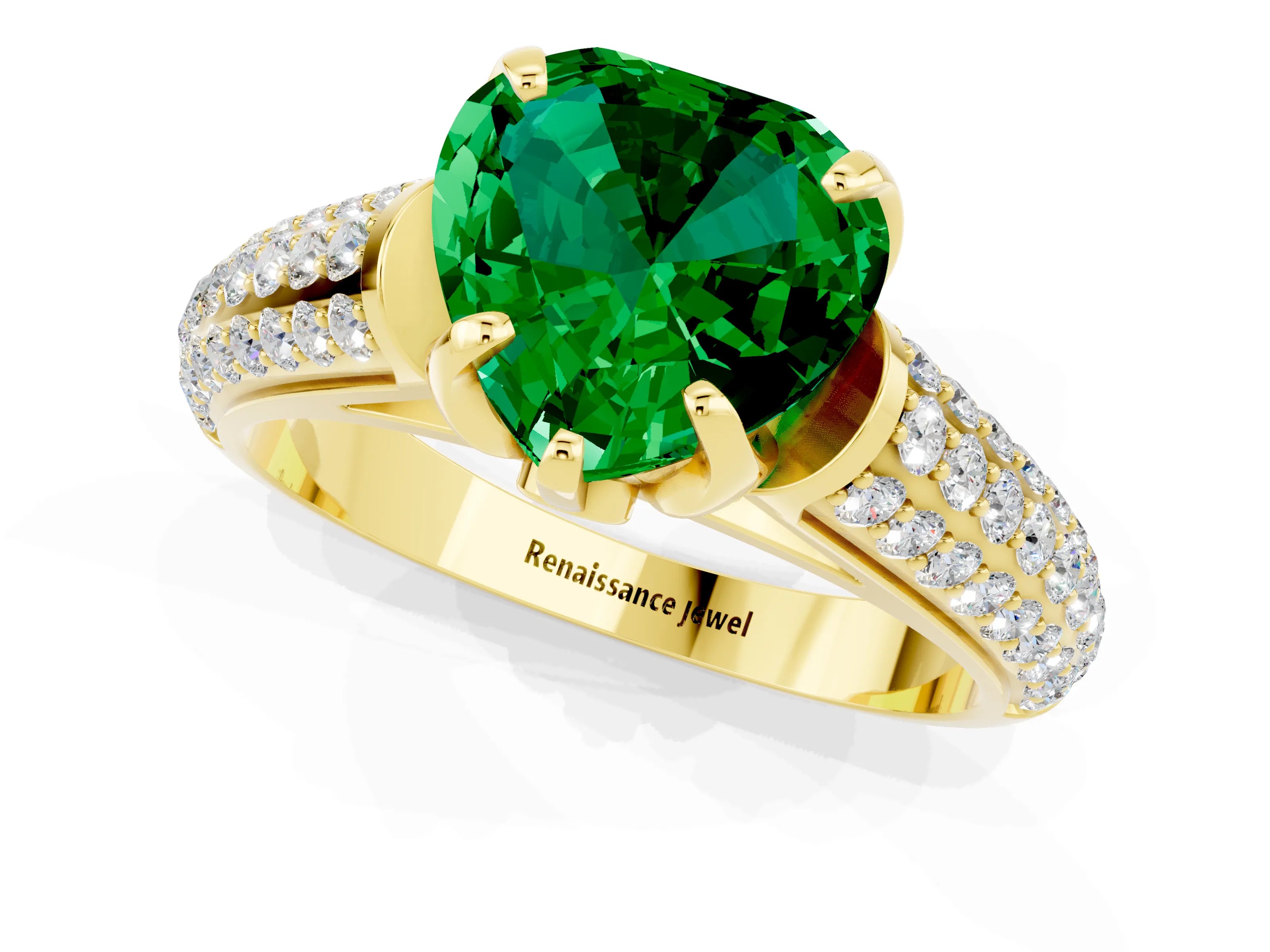 Yellow gold Heart Cut Emerald Solitaire Ring with Three-Row Pavé Band and Four-Prong Setting_13