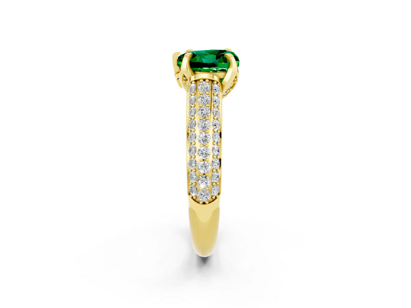 Yellow gold Heart Cut Emerald Solitaire Ring with Three-Row Pavé Band and Four-Prong Setting