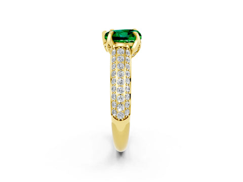 Yellow gold Heart Cut Emerald Solitaire Ring with Three-Row Pavé Band and Four-Prong Setting_14