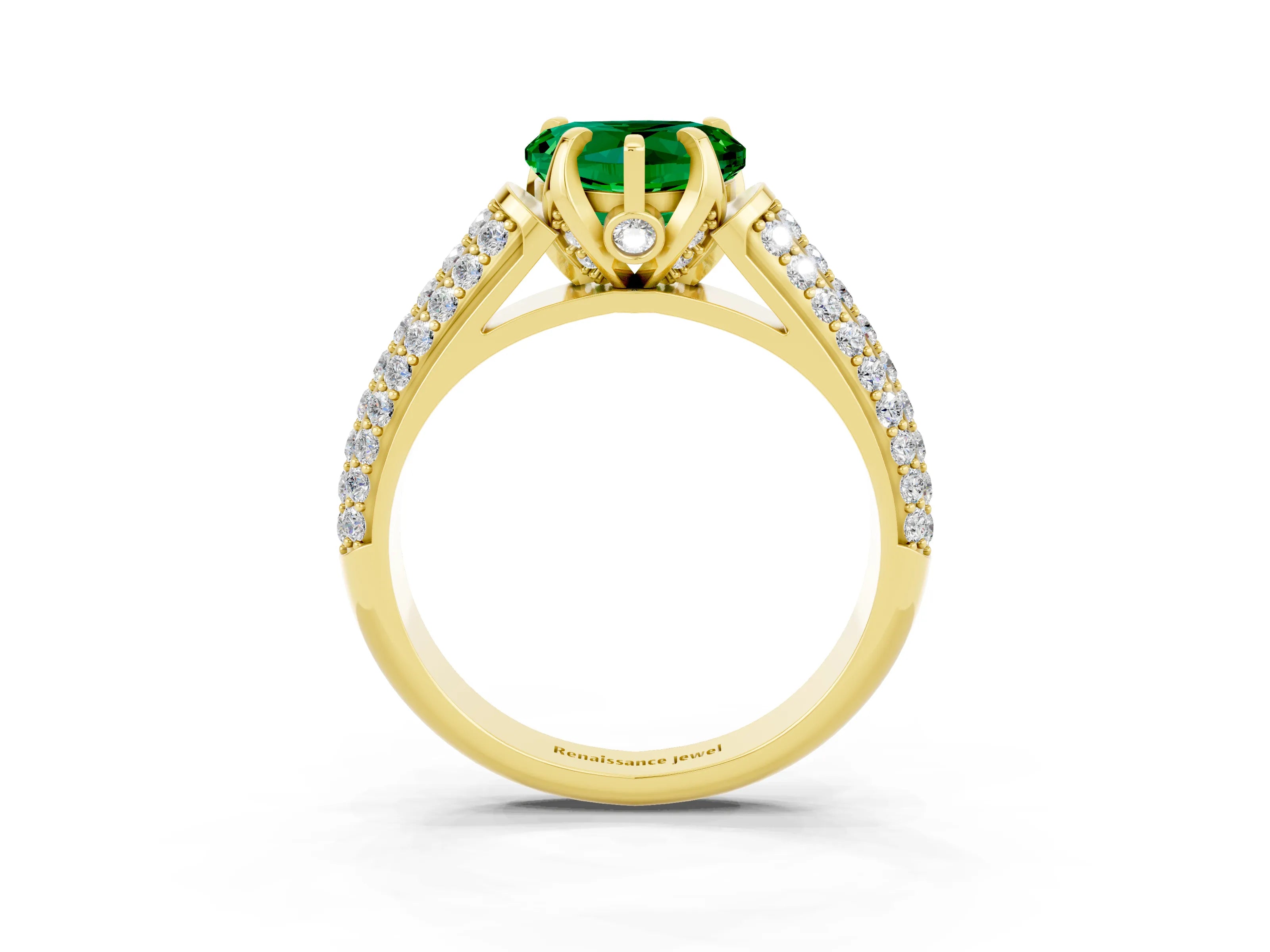 Yellow gold Heart Cut Emerald Solitaire Ring with Three-Row Pavé Band and Four-Prong Setting_15