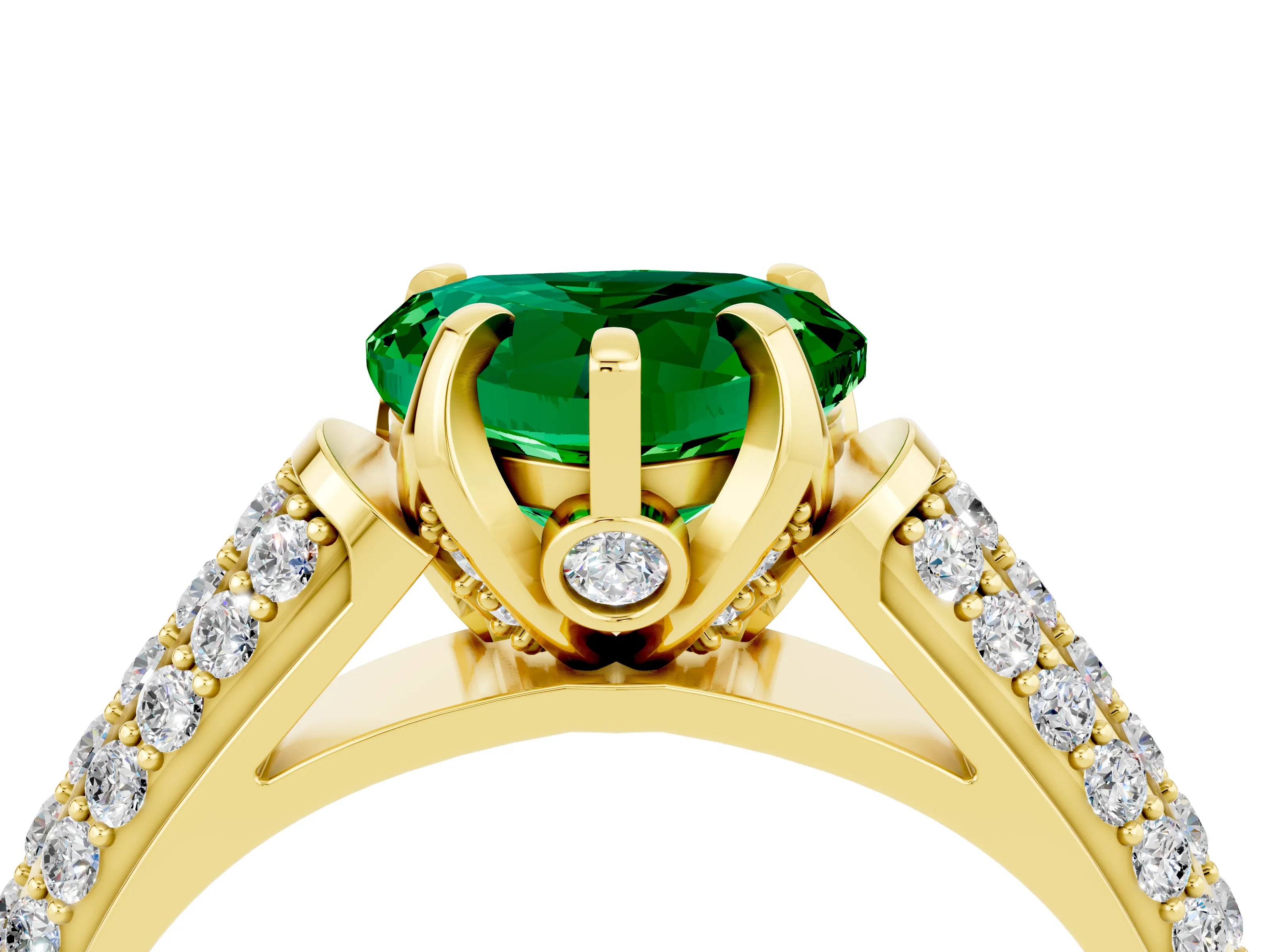 Yellow gold Heart Cut Emerald Solitaire Ring with Three-Row Pavé Band and Four-Prong Setting_16