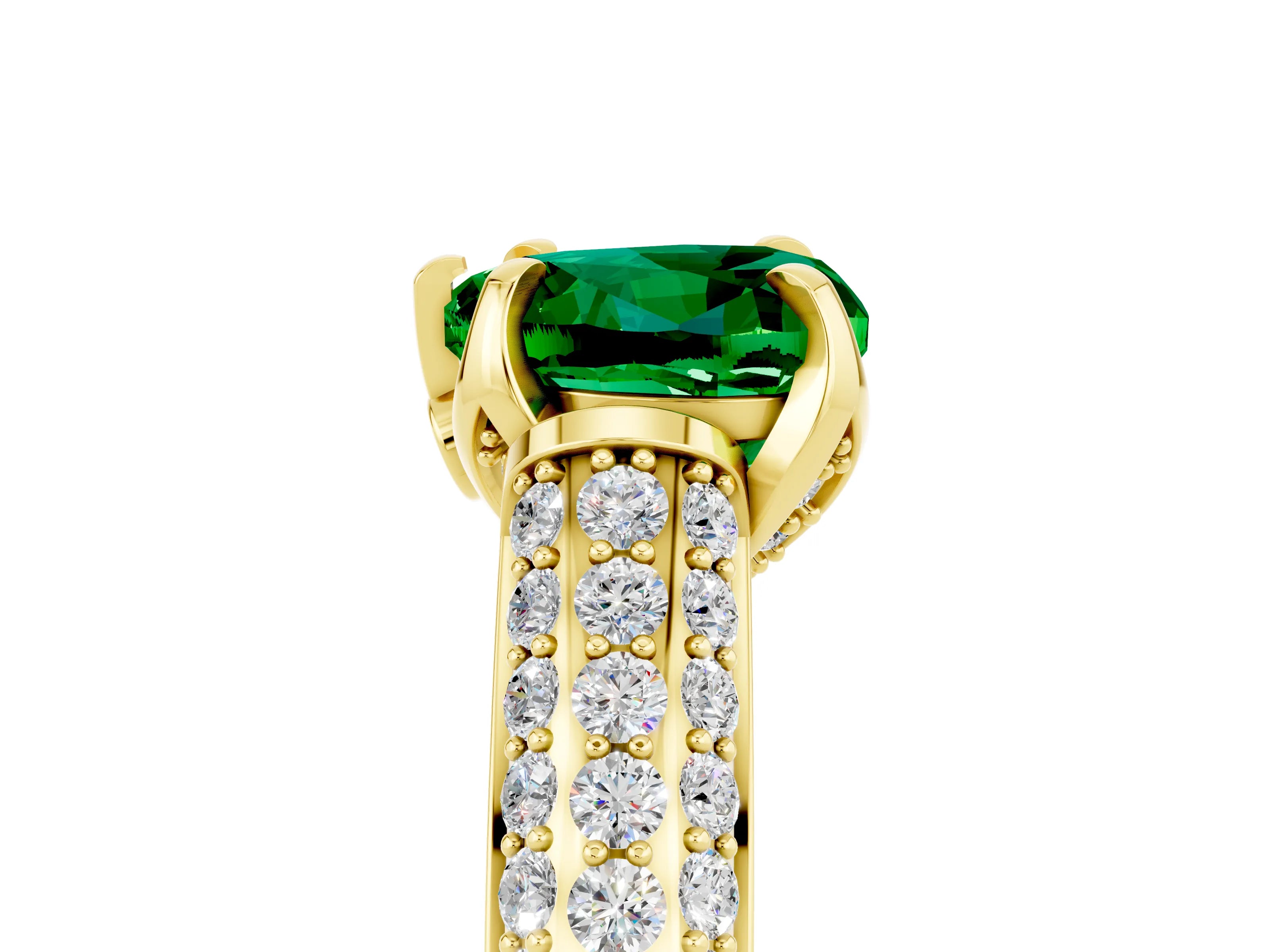 Yellow gold Heart Cut Emerald Solitaire Ring with Three-Row Pavé Band and Four-Prong Setting_17