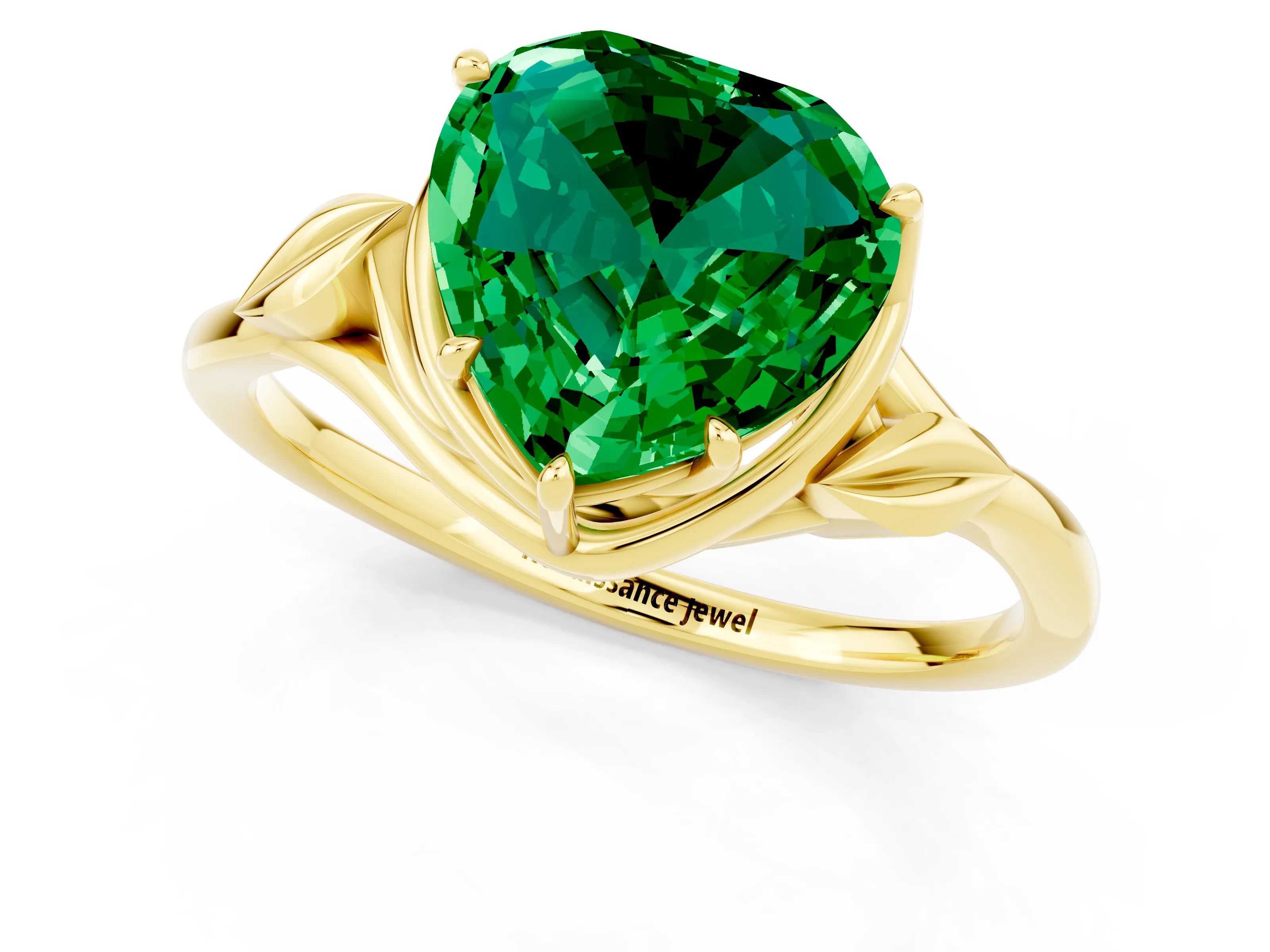 Yellow gold Heart Cut Emerald Solitaire Ring with Twist Band and Four-Prong Setting_25