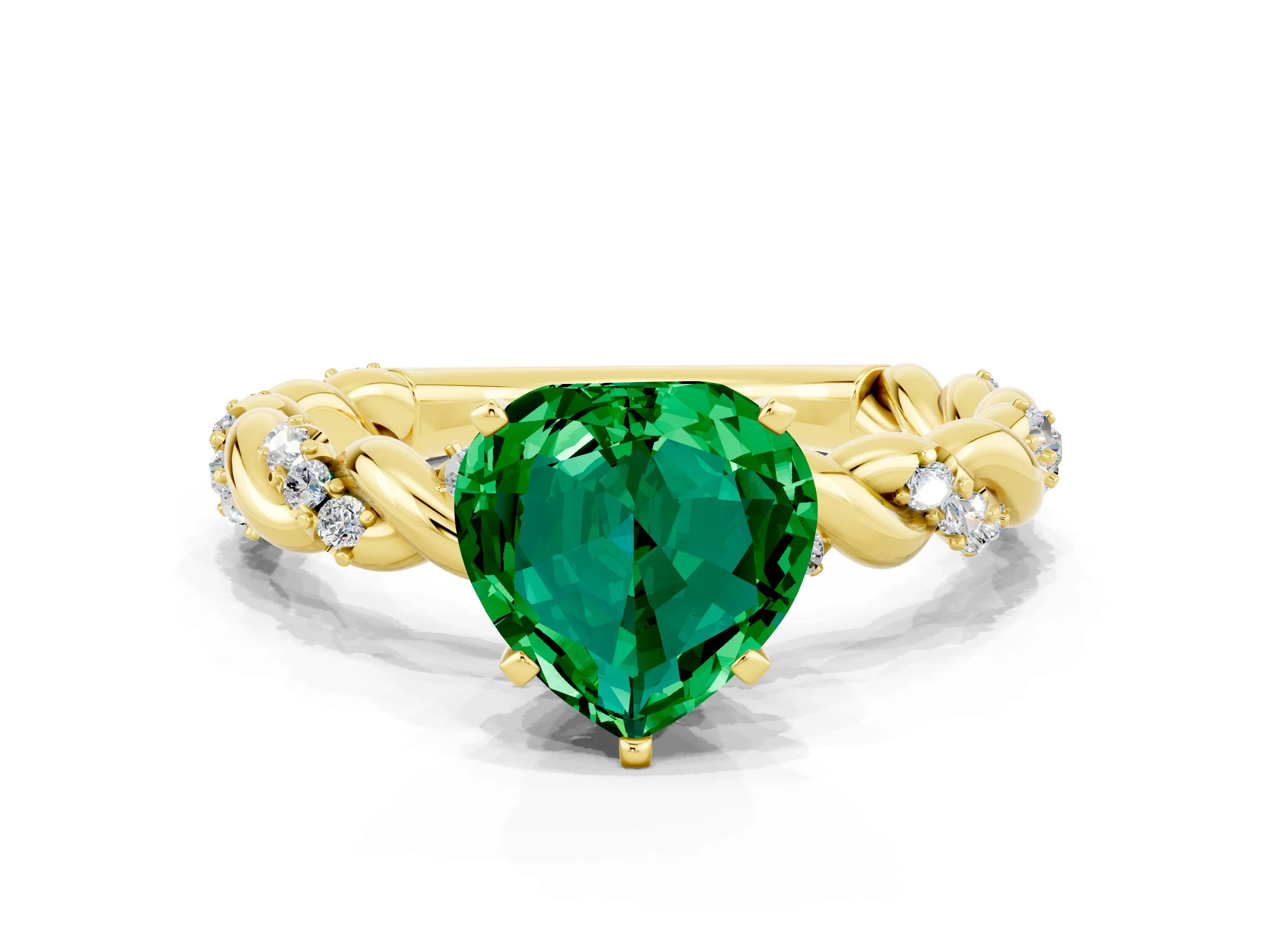Yellow gold Heart Cut Emerald Solitaire Ring with Twisted Band and Pavé Accents