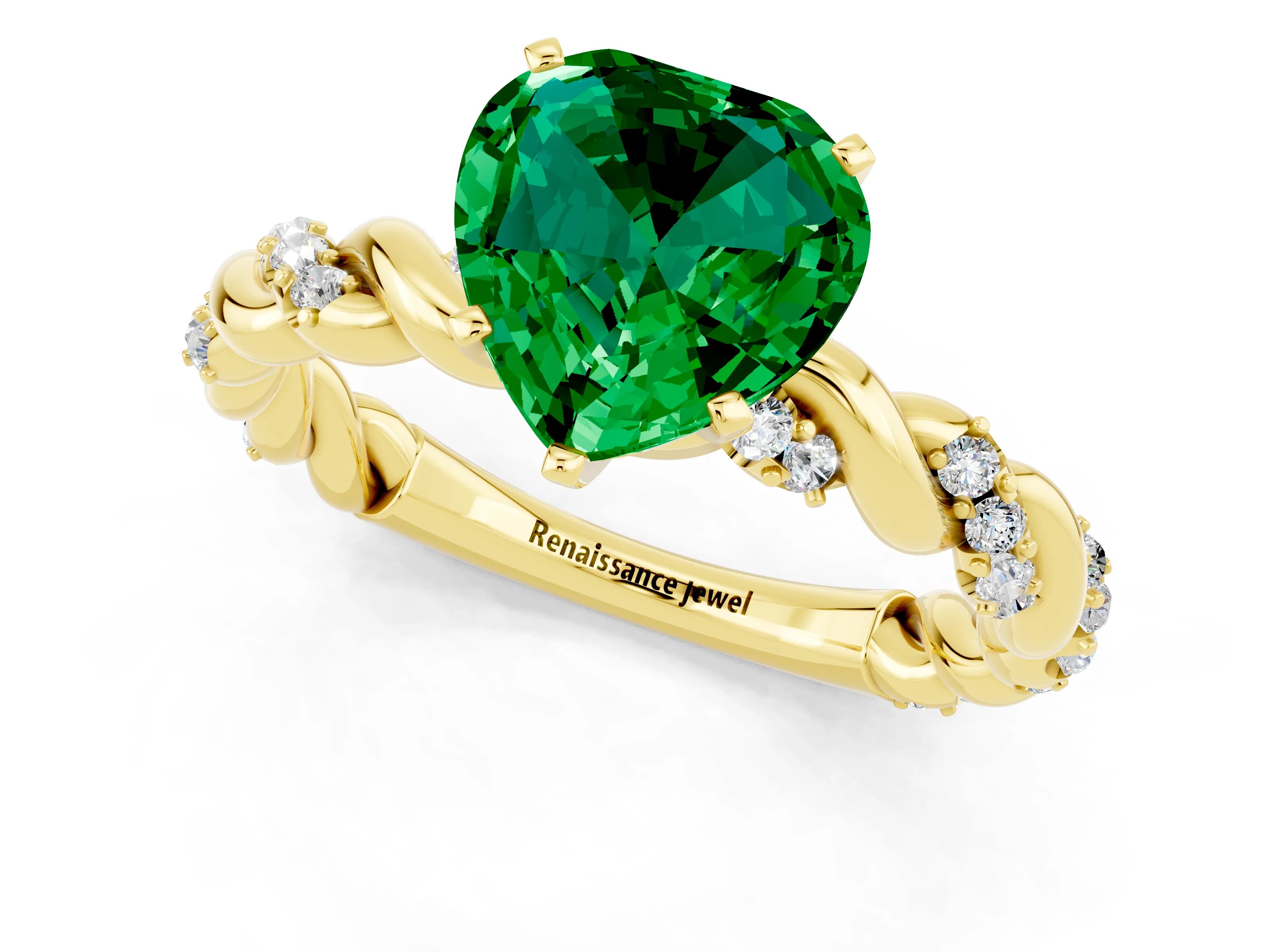 Yellow gold Heart Cut Emerald Solitaire Ring with Twisted Band and Pavé Accents_1