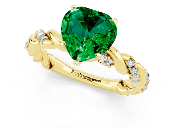 Yellow gold Heart Cut Emerald Solitaire Ring with Twisted Band and Pavé Accents